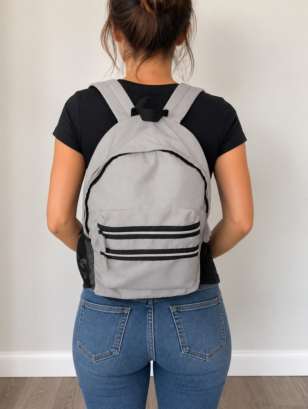 Grey zip-up backpack school bag
